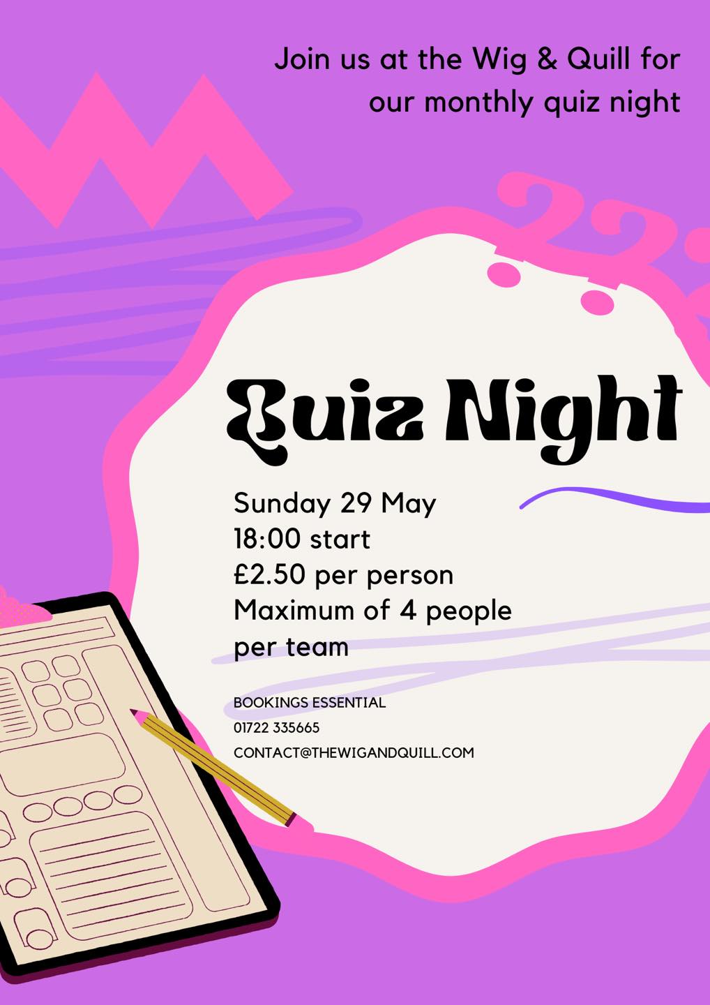 Come and join us for our monthly Quiz Night at the Wig & Quill!